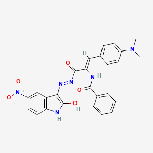 molecular formula C26H22N6O5 B15042352 N-{(1Z)-1-[4-(dimethylamino)phenyl]-3-[(2E)-2-(5-nitro-2-oxo-1,2-dihydro-3H-indol-3-ylidene)hydrazinyl]-3-oxoprop-1-en-2-yl}benzamide 