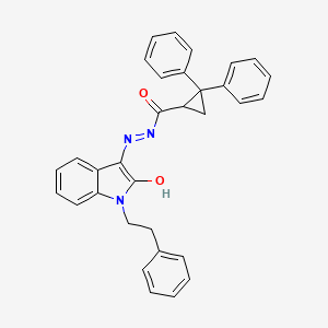 molecular formula C32H27N3O2 B15042494 N'-[(3Z)-2-oxo-1-(2-phenylethyl)-1,2-dihydro-3H-indol-3-ylidene]-2,2-diphenylcyclopropanecarbohydrazide 