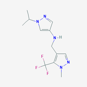 molecular formula C12H16F3N5 B15050122 N-{[1-methyl-5-(trifluoromethyl)-1H-pyrazol-4-yl]methyl}-1-(propan-2-yl)-1H-pyrazol-4-amine 
