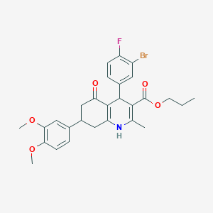 molecular formula C28H29BrFNO5 B15053715 Propyl 4-(3-bromo-4-fluorophenyl)-7-(3,4-dimethoxyphenyl)-2-methyl-5-oxo-1,4,5,6,7,8-hexahydroquinoline-3-carboxylate 