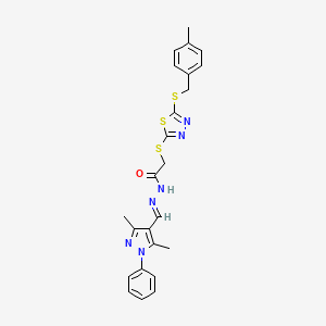 molecular formula C24H24N6OS3 B15082450 N'-[(E)-(3,5-dimethyl-1-phenyl-1H-pyrazol-4-yl)methylidene]-2-({5-[(4-methylbenzyl)sulfanyl]-1,3,4-thiadiazol-2-yl}sulfanyl)acetohydrazide 