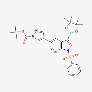 molecular formula C27H31BN4O6S B1509591 1H-Pyrazole-1-carboxylic acid, 4-[1-(phenylsulfonyl)-3-(4,4,5,5-tetramethyl-1,3,2-dioxaborolan-2-yl)-1H-pyrrolo[2,3-b]pyridin-5-yl]-, 1,1-dimethylethyl ester 