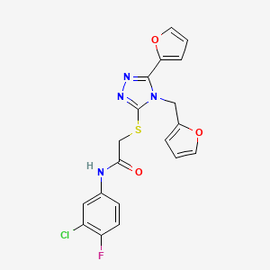 molecular formula C19H14ClFN4O3S B15097538 N-(3-chloro-4-fluorophenyl)-2-{[5-(furan-2-yl)-4-(furan-2-ylmethyl)-4H-1,2,4-triazol-3-yl]sulfanyl}acetamide 