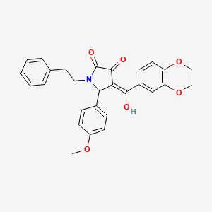 molecular formula C28H25NO6 B15097762 (4E)-4-[2,3-dihydro-1,4-benzodioxin-6-yl(hydroxy)methylidene]-5-(4-methoxyphenyl)-1-(2-phenylethyl)pyrrolidine-2,3-dione 