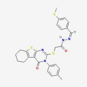 molecular formula C27H26N4O2S3 B15103525 2-{[3-(4-methylphenyl)-4-oxo-3,4,5,6,7,8-hexahydro[1]benzothieno[2,3-d]pyrimidin-2-yl]sulfanyl}-N'-{(Z)-[4-(methylsulfanyl)phenyl]methylidene}acetohydrazide 