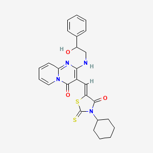 molecular formula C26H26N4O3S2 B15107072 3-[(Z)-(3-cyclohexyl-4-oxo-2-thioxo-1,3-thiazolidin-5-ylidene)methyl]-2-[(2-hydroxy-2-phenylethyl)amino]-4H-pyrido[1,2-a]pyrimidin-4-one 