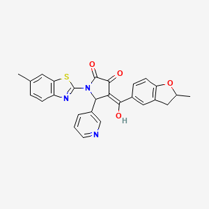 molecular formula C27H21N3O4S B15108977 (4E)-4-[hydroxy(2-methyl-2,3-dihydro-1-benzofuran-5-yl)methylidene]-1-(6-methyl-1,3-benzothiazol-2-yl)-5-(pyridin-3-yl)pyrrolidine-2,3-dione 