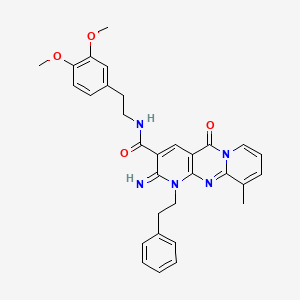molecular formula C31H31N5O4 B15109023 N-[2-(3,4-dimethoxyphenyl)ethyl]-6-imino-11-methyl-2-oxo-7-(2-phenylethyl)-1,7,9-triazatricyclo[8.4.0.03,8]tetradeca-3(8),4,9,11,13-pentaene-5-carboxamide 