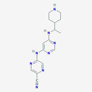 molecular formula C16H20N8 B15132823 5-((6-((1-(Piperidin-4-yl)ethyl)amino)pyrimidin-4-yl)amino)pyrazine-2-carbonitrile 