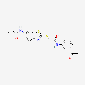molecular formula C20H19N3O3S2 B15151579 N-[2-({2-[(3-acetylphenyl)amino]-2-oxoethyl}sulfanyl)-1,3-benzothiazol-6-yl]propanamide 
