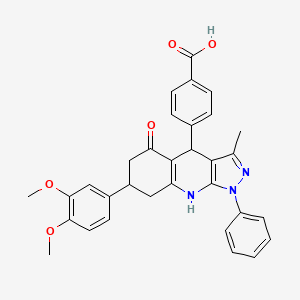 molecular formula C32H29N3O5 B15152903 4-[7-(3,4-dimethoxyphenyl)-3-methyl-5-oxo-1-phenyl-4,5,6,7,8,9-hexahydro-1H-pyrazolo[3,4-b]quinolin-4-yl]benzoic acid 