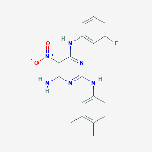 molecular formula C18H17FN6O2 B15153985 N~2~-(3,4-dimethylphenyl)-N~4~-(3-fluorophenyl)-5-nitropyrimidine-2,4,6-triamine 