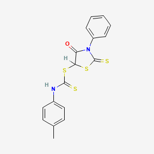 molecular formula C17H14N2OS4 B15163292 Carbamodithioic acid, (4-methylphenyl)-, 4-oxo-3-phenyl-2-thioxo-5-thiazolidinyl ester CAS No. 142979-66-6