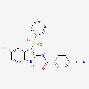 molecular formula C22H14ClN3O3S B15169957 N-[3-(Benzenesulfonyl)-5-chloro-1H-indol-2-yl]-4-cyanobenzamide CAS No. 918493-46-6