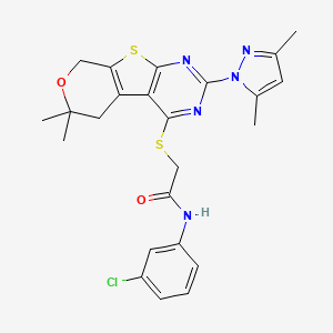 molecular formula C24H24ClN5O2S2 B15172521 N-(3-chlorophenyl)-2-[[5-(3,5-dimethylpyrazol-1-yl)-12,12-dimethyl-11-oxa-8-thia-4,6-diazatricyclo[7.4.0.02,7]trideca-1(9),2(7),3,5-tetraen-3-yl]sulfanyl]acetamide 