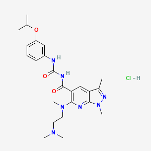 molecular formula C24H34ClN7O3 B15174158 6-[2-(dimethylamino)ethyl-methylamino]-1,3-dimethyl-N-[(3-propan-2-yloxyphenyl)carbamoyl]pyrazolo[3,4-b]pyridine-5-carboxamide;hydrochloride 