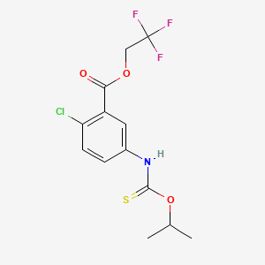 molecular formula C13H13ClF3NO3S B15180464 Benzoic acid, 2-chloro-5-(((1-methylethoxy)thioxomethyl)amino)-, 2,2,2-trifluoroethyl ester CAS No. 135813-15-9