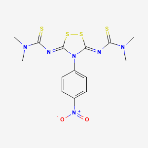 molecular formula C14H16N6O2S4 B15180847 Thiourea, N',N'''-(4-(4-nitrophenyl)-1,2,4-dithiazolidine-3,5-diylidene)bis(N,N-dimethyl- CAS No. 51593-13-6