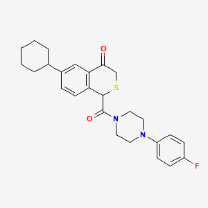molecular formula C26H29FN2O2S B15180938 Piperazine, 1-((6-cyclohexyl-3,4-dihydro-4-oxo-1H-2-benzothiopyran-1-yl)carbonyl)-4-(4-fluorophenyl)- CAS No. 131007-43-7