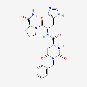 molecular formula C23H27N7O5 B15181562 L-Prolinamide, N-((hexahydro-2,6-dioxo-1-(phenylmethyl)-4-pyrimidinyl)carbonyl)-L-histidyl-, hydrate CAS No. 128056-07-5