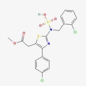 molecular formula C19H16Cl2N2O5S2 B15181807 Thiazole-5-acetic acid, 4-(p-chlorophenyl)-2-(o-chloro-alpha-sulfobenzylamino)-, methyl ester CAS No. 102367-77-1