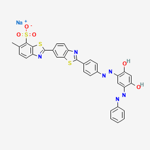 molecular formula C33H21N6NaO5S3 B15182390 Sodium 2'-(4-((2,4-dihydroxy-5-(phenylazo)phenyl)azo)phenyl)-6-methyl(2,6'-bibenzothiazole)-7-sulphonate CAS No. 85188-17-6
