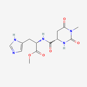 molecular formula C13H17N5O5 B15182506 L-Histidine, N-((hexahydro-1-methyl-2,6-dioxo-4-pyrimidinyl)carbonyl)-, methyl ester, (S)-, dihydrate CAS No. 128055-88-9
