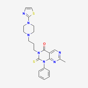 molecular formula C23H25N7OS2 B15182921 Pyrimido(4,5-d)pyrimidin-4(1H)-one, 2,3-dihydro-7-methyl-1-phenyl-3-(3-(4-(2-thiazolyl)-1-piperazinyl)propyl)-2-thioxo- CAS No. 142287-36-3