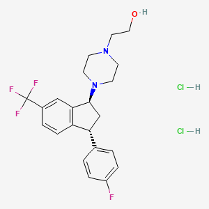 molecular formula C22H26Cl2F4N2O B15184225 trans-4-(3-(4-Fluorophenyl)-2,3-dihydro-6-(trifluoromethyl)-1H-inden-1-yl)piperazine-1-ethanol dihydrochloride CAS No. 85118-23-6