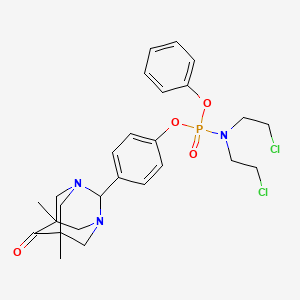 molecular formula C26H32Cl2N3O4P B15184624 Phosphoramidic acid, bis(2-chloroethyl)-, 4-(5,7-dimethyl-6-oxo-1,3-diazatricyclo(3.3.1.1(sup 3,7))dec-2-yl)phenyl phenyl ester CAS No. 172882-01-8