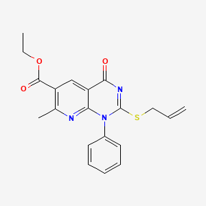 molecular formula C20H19N3O3S B15186070 Pyrido(2,3-d)pyrimidine-6-carboxylic acid, 1,4-dihydro-7-methyl-4-oxo-1-phenyl-2-(2-propenylthio)-, ethyl ester CAS No. 126209-80-1
