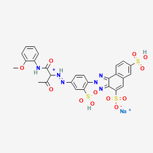 molecular formula C27H22N6NaO12S3+ B15187154 Dihydrogen-2-(4-((1-((o-anisidino)carbonyl)-2-oxopropyl)azo)-3-sulphophenyl)-4,7-disulpho-1H-naphtho(1,2-d)triazolium, sodium salt CAS No. 83763-74-0