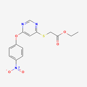 molecular formula C14H13N3O5S B15187302 Acetic acid, ((6-(4-nitrophenoxy)-4-pyrimidinyl)thio)-, ethyl ester CAS No. 124066-45-1