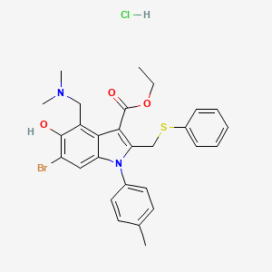 molecular formula C28H30BrClN2O3S B15188179 1H-Indole-3-carboxylic acid, 6-bromo-4-((dimethylamino)methyl)-5-hydroxy-1-(4-methylphenyl)-2-((phenylthio)methyl)-, ethyl ester, monohydrochloride CAS No. 116736-23-3
