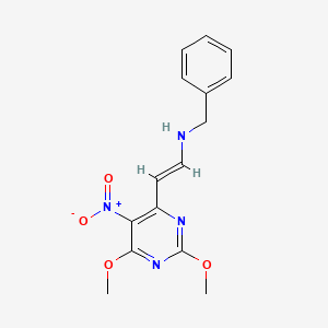 molecular formula C15H16N4O4 B15188311 N-(2-(2,6-Dimethoxy-5-nitro-4-pyrimidinyl)ethenyl)benzenemethanamine CAS No. 97189-41-8