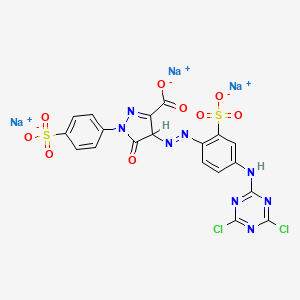 molecular formula C19H9Cl2N8Na3O9S2 B15188317 Trisodium 4-((4-((4,6-dichloro-1,3,5-triazin-2-yl)amino)-2-sulphonatophenyl)azo)-4,5-dihydro-5-oxo-1-(4-sulphonatophenyl)-1H-pyrazole-3-carboxylate CAS No. 22961-46-2