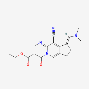 molecular formula C18H18N4O3 B15188603 Cyclopenta(4,5)pyrido(1,2-a)pyrimidine-3-carboxylic acid, 4,7,8,9-tetrahydro-10-cyano-9-((dimethylamino)methylene)-4-oxo-, ethyl ester CAS No. 93587-48-5