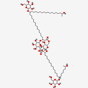molecular formula C83H154O28 B15188756 Tritriacontanoic acid, 3-((6-O-(3,17-bis(beta-D-glucopyranosyloxy)-1-oxotetracosyl)-beta-Dglucopyranosyl)oxy)-17(beta-D-glucopyranosyloxy)-32-hydroxy-, intramol. ester CAS No. 214417-77-3