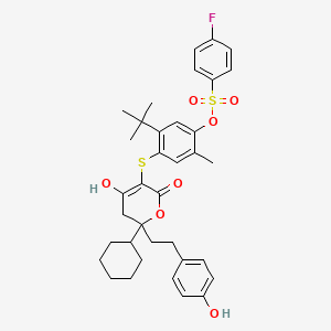 molecular formula C36H41FO7S2 B15188890 (+-)-Benzenesulfonic acid, 4-fluoro-, 4-((6-cyclohexyl-5,6-dihydro-4-hydroxy-6-(2-(4-hydroxyphenyl)ethyl)-2-oxo-2H-pyran-3-yl)thio)-5-(1,1-dimethylethyl)-2-methylphenyl ester CAS No. 263842-93-9