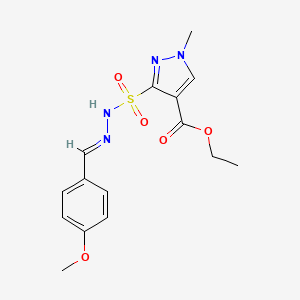 molecular formula C15H18N4O5S B15189259 Ethyl 3-((((4-methoxyphenyl)methylene)hydrazino)sulfonyl)-1-methyl-1H-pyrazole-4-carboxylate CAS No. 145865-73-2