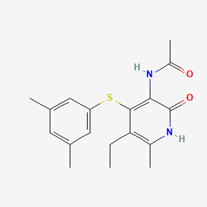 molecular formula C18H22N2O2S B15189453 Acetamide, N-(4-((3,5-dimethylphenyl)thio)-5-ethyl-1,2-dihydro-6-methyl-2-oxo-3-pyridinyl) CAS No. 172470-03-0