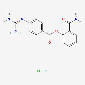 molecular formula C15H15ClN4O3 B15189494 Benzoic acid, 4-((aminoiminomethyl)amino)-, 2-(aminocarbonyl)phenyl ester, monohydrochloride CAS No. 89022-09-3