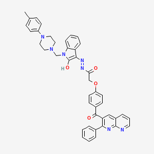 molecular formula C43H37N7O4 B15189545 Acetic acid, (4-((2-phenyl-1,8-naphthyridin-3-yl)carbonyl)phenoxy)-, (1,2-dihydro-1-((4-(4-methylphenyl)-1-piperazinyl)methyl)-2-oxo-3H-indol-3-ylidene)hydrazide CAS No. 136603-19-5