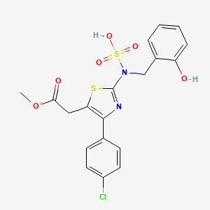 molecular formula C19H17ClN2O6S2 B15189795 Thiazole-5-acetic acid, 4-(p-chlorophenyl)-2-(o-hydroxy-alpha-sulfobenzylamino)-, methyl ester CAS No. 102612-88-4