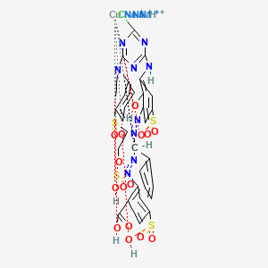 molecular formula C33H30ClCuN9Na3O15S4+3 B15190002 Trisodium hydrogen (2-((alpha-((3-((4-chloro-6-(ethyl(3-((2-(sulphooxy)ethyl)sulphonyl)phenyl)amino)-1,3,5-triazin-2-yl)amino)-2-hydroxy-5-sulphophenyl)azo)benzyl)azo)-4-sulphobenzoato(6-))cuprate(4-) CAS No. 84057-71-6