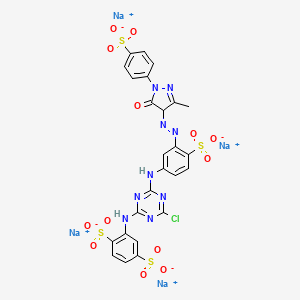 molecular formula C25H16ClN9Na4O13S4 B15190886 Tetrasodium 2-((4-chloro-6-((3-((4,5-dihydro-3-methyl-5-oxo-1-(4-sulphonatophenyl)-1H-pyrazol-4-yl)azo)-4-sulphonatophenyl)amino)-1,3,5-triazin-2-yl)amino)benzene-1,4-disulphonate CAS No. 94042-73-6