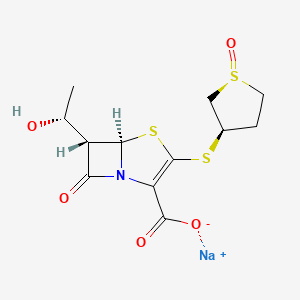 molecular formula C12H14NNaO5S3 B15191158 sodium;(5R,6S)-6-[(1R)-1-hydroxyethyl]-7-oxo-3-[(1S,3R)-1-oxothiolan-3-yl]sulfanyl-4-thia-1-azabicyclo[3.2.0]hept-2-ene-2-carboxylate CAS No. 112294-82-3