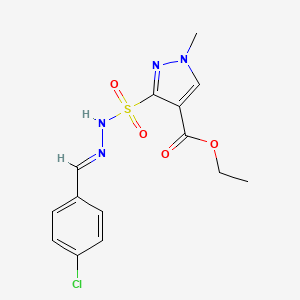molecular formula C14H15ClN4O4S B15191316 Ethyl 3-((((4-chlorophenyl)methylene)hydrazino)sulfonyl)-1-methyl-1H-pyrazole-4-carboxylate CAS No. 145865-75-4