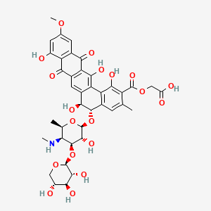 molecular formula C39H41NO19 B15192210 Benzo(a)naphthacene-2-carboxylic acid, 5-((4,6-dideoxy-4-(methylamino)-3-O-beta-D-xylopyranosyl-beta-D-galactopyranosyl)oxy)-5,6,8,13-tetrahydro-1,6,9,14-tetrahydroxy-11-methoxy-3-methyl-8,13-dioxo-, carboxymethyl ester, (5S-trans)- CAS No. 148677-11-6