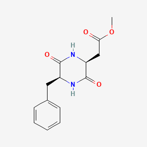 molecular formula C14H16N2O4 B15192586 Methyl 5-benzyl-3,6-dioxo-2-piperazineacetate, (2S-cis)- CAS No. 57022-25-0